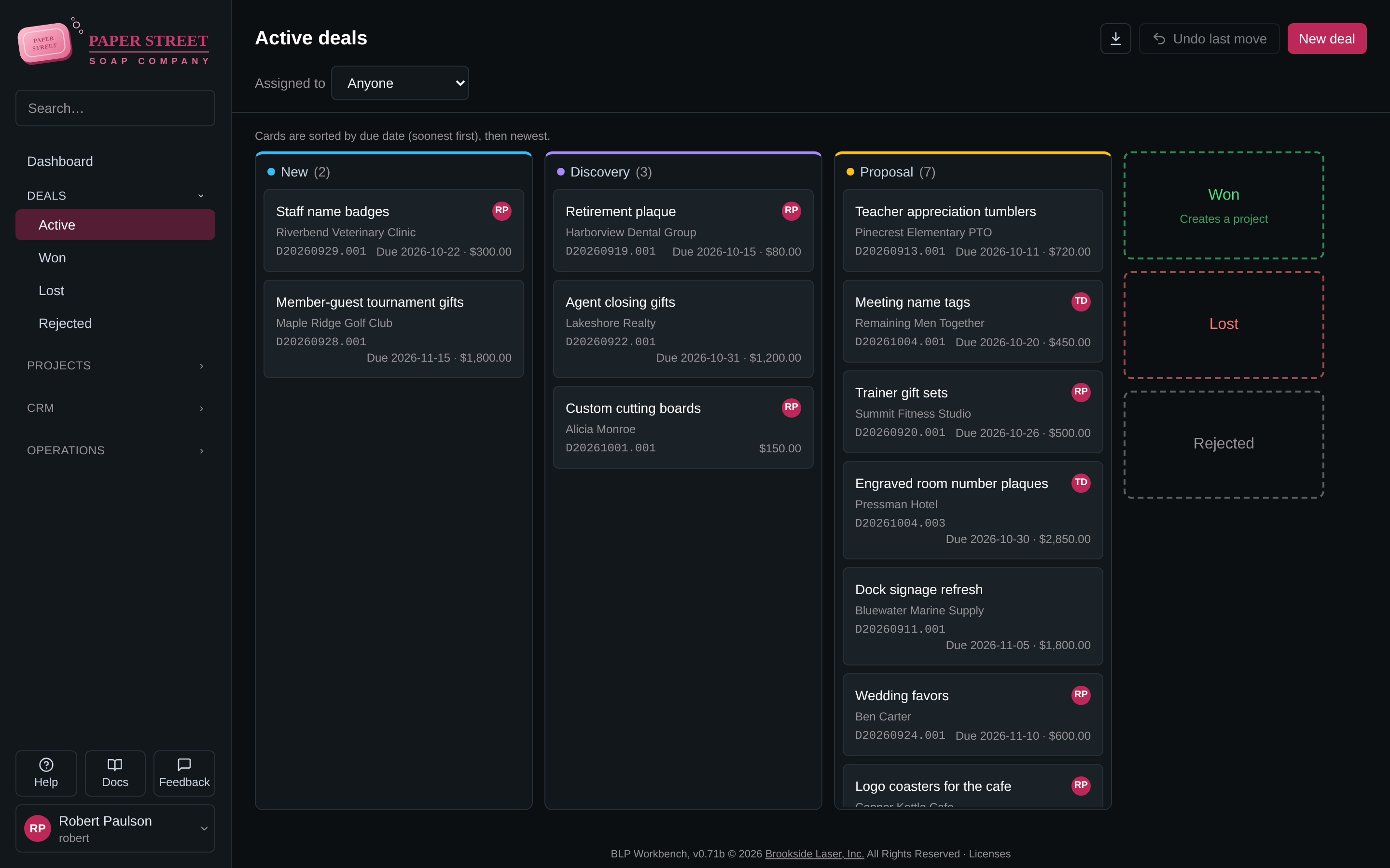 Deals board with New, Discovery and Proposal columns